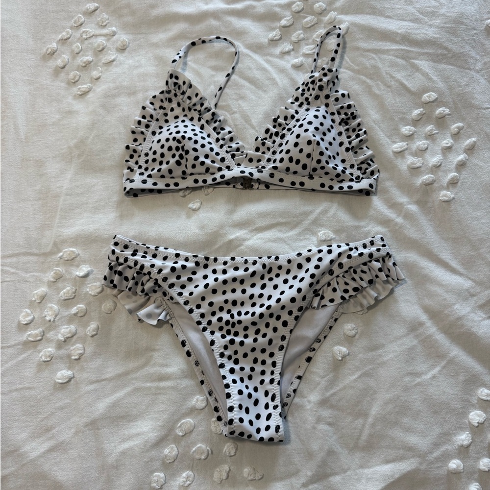 SHEIN White Black Polka Dot Ruffle Bikini